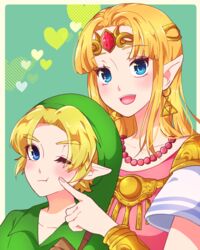  1boy :d ;t armor bead_necklace beads blonde_hair blue_eyes blush bracer cheek_poking circlet closed_mouth commentary_request earrings female forehead_jewel gem green_background green_headwear heart height_difference indisk_irio jewelry link long_hair necklace one_eye_closed open_mouth parted_bangs pauldrons pointy_ears poking princess_zelda red_gemstone short_sleeves shoulder_armor sidelocks smile super_smash_bros. tabard the_legend_of_zelda the_legend_of_zelda:_a_link_between_worlds the_legend_of_zelda:_a_link_to_the_past the_legend_of_zelda:_ocarina_of_time triforce upper_body wavy_mouth young_link 