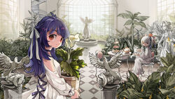  2girls ahoge bird black_choker blue_hair blue_ribbon blurry braid breasts brown_eyes cake_stand choker commentary conservatory copyright_request crown_braid cup depth_of_field dress english_commentary flower flower_pot food hair_ribbon indoors multiple_girls one_side_up ribbon rye-beer silver_hair sitting small_breasts statue tea_set teacup teapot white_dress white_ribbon 