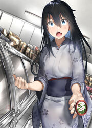  anger_vein angry araido_kagiri black_hair blue_eyes brand_name_imitation check_commentary commentary_request cowboy_shot female haagen-dazs hair_between_eyes highres holding indoors japanese_clothes kimono long_hair looking_at_viewer original solo standing v-shaped_eyebrows yuki_onna yuki_onna_(araido_kagiri) 