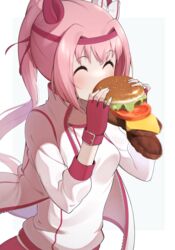  ^_^ absurdres animal_ears burger burger_malfunction closed_eyes eating failure female fingerless_gloves food gloves haru_urara_(umamusume) headband highres horse_ears horse_girl jacket long_sleeves pink_hair ponytail red_gloves red_headband simple_background solo takom umamusume white_background white_jacket 