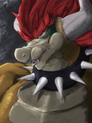  3:4 anthro collar giga_bowser hair hi_res horn looking_away male mario_bros nintendo red_eyes red_hair scalie sharp_teeth simple_background solo spicyocean spiked_collar spikes super_smash_bros. teeth 