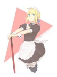  ahoge apron artoria_pendragon_(fate) black_ribbon black_shirt black_skirt black_thighhighs blonde_hair blue_ribbon braid braided_bun broom choker commentary_request cowboy_shot cropped_legs fate/stay_night fate_(series) female frilled_apron frills hair_bun hair_ribbon hands_on_hilt highres looking_at_viewer maid_headdress miniskirt neck_ribbon official_alternate_costume ribbon saber_(fate) shayubi shirt short_hair short_sleeves simple_background skirt solo thighhighs twitter_username waist_apron white_apron white_background wrist_cuffs zettai_ryouiki 