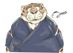  0ottotto0 2017 anthro belly big_belly closed_eyes felid jinbei_(clothing) kemono male mammal overweight overweight_male pantherine pink_nose simple_background solo tiger 