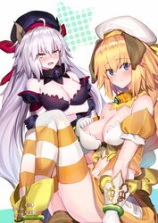  2girls ahoge alternate_costume animal_ears belt_collar black_gloves blonde_hair blue_eyes blush braid breast_hold breasts cleavage closed_mouth collar collarbone commentary_request cosplay crossed_arms detached_collar detached_sleeves embarrassed fake_animal_ears fate/apocrypha fate/grand_order fate_(series) from_side frown gloves grey_hair highres jeanne_d&#039;arc_(april_magical)_(fate) jeanne_d&#039;arc_(april_magical)_(fate)_(cosplay) jeanne_d&#039;arc_(fate) jeanne_d&#039;arc_alter_(avenger)_(fate) jeanne_d&#039;arc_alter_(fate) large_breasts light_smile long_braid long_hair magical_girl midriff multiple_girls ninoude_(ninoude44) open_mouth rojiura_satsuki:_chapter_heroine_sanctuary short_sleeves single_braid sitting skirt thighhighs thighs very_long_hair white_gloves yellow_eyes yellow_skirt 