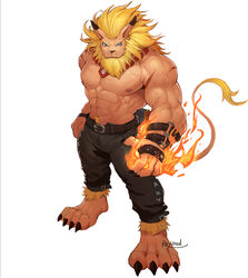  1boy abs animal_ears artist_name bara belt black_pants blonde_hair blue_eyes body_fur claws commentary_request digimon digimon_(creature) earrings facial_hair fire full_body furry furry_male jewelry lei_mengde leomon lion_ears lion_mane lion_paw lion_tail long_hair looking_at_viewer male_focus muscular muscular_male pants pectorals simple_background solo tail topless_male white_background 