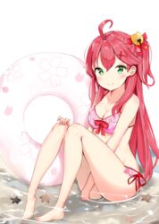  absurdres ahoge bare_arms bare_legs bare_shoulders barefoot bell between_legs bikini blush bow breasts cleavage collarbone commentary female green_eyes hair_bell hair_ornament hairbow hairclip halterneck hand_between_legs hand_on_own_knee highres hololive innertube jingle_bell long_hair medium_breasts official_alternate_costume one_side_up pink_bikini red_bow red_hair sakura_miko sakura_miko_(hololive_summer_2019) shallow_water side-tie_bikini_bottom sitting solo starfish swim_ring swimsuit transparent very_long_hair virtual_youtuber water white_background x_hair_ornament yukaa 