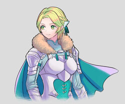  armor blonde_hair boobplate breastplate cape commentary_request female fire_emblem fire_emblem:_three_houses fur_trim green_cape green_eyes green_ribbons grey_background hair_ribbon ingrid_brandl_galatea parted_lips pauldrons ribbon shio_robin short_hair shoulder_armor simple_background solo upper_body 