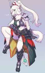  absurd_res anthro armor armwear big_breasts borzoi breasts canid canine canis clothed clothing cygames digital_media_(artwork) domestic_dog female female_anthro fur green_eyes hair helga_(world_flipper) hi_res hunting_dog japanese_text kemono legwear looking_at_viewer mammal shaded sighthound signature solo sususuigi tail text translated translated_description white_body white_fur white_hair world_flipper 