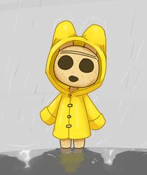  ambiguous_gender animal_crossing anthro clothed clothing coat coco_(animal_crossing) gyroid hi_res lagomorph leporid mammal maximumpingas nintendo rabbit raincoat raining solo topwear yellow_raincoat 