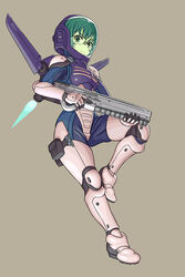  bandaid bandaid_on_nose energy_gun female flying full_body glasses grey_background gun hardsuit helmet highres holding holding_gun holding_weapon laser_rifle leg_up looking_at_viewer nonneim power_suit rifle rimless_eyewear science_fiction serious short_hair solo tessou_tsuzuri thigh_pouch thrusters to_aru_majutsu_no_index trigger_discipline weapon 