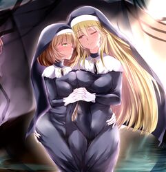  2girls ;) andrew_(duel_angel) blonde_hair blush breast_press breasts brown_hair commentary duel_monster exosister_elis exosister_stella eyes_visible_through_hair gloves green_eyes hand_on_another&#039;s_hip height_difference highres holding_hands large_breasts long_hair looking_at_another medium_breasts multiple_girls nun one_eye_closed orange_eyes smile symmetrical_docking traditional_nun white_gloves yu-gi-oh! yuri 