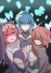  3girls :d absurdres ahoge auris_(sequel) black_blindfold black_hairband blindfold blue_eyes blue_hair blue_pupils breast_curtains breasts brown_cloak chest_sarashi cleavage cloak emela_(sequel) flower habit hair_between_eyes hair_flower hair_ornament hairband highres large_breasts lestea_(sequel) long_hair looking_at_viewer multiple_girls navel nun open_mouth pink_eyes pink_gemstone pink_hair pink_pupils ponytail purple_headwear sakumochi_(pixiv4431677) sarashi scar scar_on_face sequel_(series) sequel_colony short_hair smile white_flower 