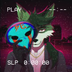  1:1 anthro blood bodily_fluids canid canine canis creepy_smile fenriet fox fur gold_(metal) gold_jewelry green_body green_fur hair hi_res hybrid jewelry kudo_redfox_(character) mammal maniac mask ponytail serial_killer smile suit_jacket synthwave vhs_filter wolf 