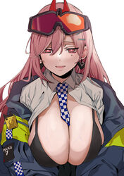  :d absurdres banssee bikini blush breasts cleavage collared_shirt eyewear_on_head female girls&#039;_frontline hair_between_eyes highres jacket large_breasts long_hair looking_at_viewer mole mole_under_eye open_clothes open_jacket open_mouth open_shirt pink_hair red_eyes shirt sig_mcx_(girls&#039;_frontline) simple_background smile solo swimsuit upper_body veins veiny_breasts white_background white_shirt 