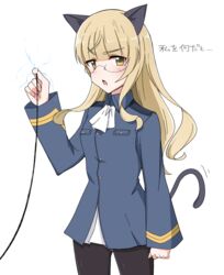  absurdres animal_ears ascot black_pantyhose blonde_hair blush breasts cat_ears cat_girl cat_tail crotch_seam electricity emu_1316 female glasses highres long_hair looking_at_viewer military military_uniform no_pants open_mouth panties panties_under_pantyhose pantyhose perrine_h._clostermann simple_background small_breasts solo standing strike_witches tail underwear uniform white_background white_panties world_witches_series yellow_eyes 