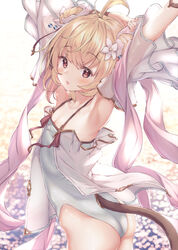  :o absurdres ahoge andira_(granblue_fantasy) andira_(summer)_(granblue_fantasy) animal_ears armpits arms_up ass bare_shoulders blonde_hair blush brown_eyes commentary_request cowboy_shot detached_sleeves duplicate erune female flat_chest flower granblue_fantasy hair_flower hair_ornament highleg highleg_swimsuit highres looking_at_viewer monkey_ears monkey_girl monkey_tail official_alternate_costume one-piece_swimsuit pixel-perfect_duplicate red_eyes see-through see-through_sleeves short_hair solo swimsuit tail twisted_torso ukiwakisen water wet wide_sleeves 