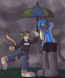  3_toes anthro barefoot blue_eyes blue_nose british_shorthair cheetah clothing domestic_cat duo feet felid feline felis female female/female fur grey_body grey_fur hi_res kitti_(snizzydraws) mammal raining shandra_(snizzydraws) size_difference snizzydraws toes torn_clothing umbrella yellow_nose 