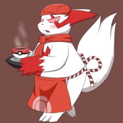  1:1 angry anthro apron beverage blush clothing coffee coffee_mug container cup embarrassed generation_3_pokemon hat headgear headwear holding_object mofurufu nintendo pokeball pokemon pokemon_(species) pokemon_cafe_remix serving serving_beverage slightly_chubby solo standard_pokeball tail waiter zangoose 