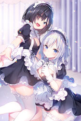  2girls apron bangs black_hair blue_eyes breasts gloves hair_between_eyes highres himeji_shirayuki knees large_breasts liar_liar looking_at_viewer maid maid_headdress multiple_girls official_art open_mouth red_eyes shiina_tsumugi short_hair_with_long_locks small_breasts smile white_hair 