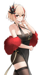  :&gt; azur_lane black_dress black_thighhighs blonde_hair breasts brown_eyes cleavage dress feather_boa female hair_between_eyes hair_ornament highres large_breasts looking_at_viewer medium_hair multicolored_hair nail_polish official_alternate_costume parted_bangs qing_wu red_hair red_nails roon_(azur_lane) roon_(viridescent_lullaby)_(azur_lane) short_hair simple_background smile solo streaked_hair thighhighs white_background 