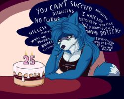  5:4 anthro avi_(moko) big_breasts birthday birthday_cake blue_body blue_fur breasts cake canid canine canis depressing depression dessert english_text eye_bags female food fur intrusive_thoughts mammal moko_(artist) mood sad solo text white_body white_fur wolf worried worried_face worried_look 