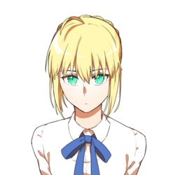  ahoge artoria_pendragon_(fate) blonde_hair blue_bow blue_bowtie blue_ribbon bow bowtie braid braided_bun closed_mouth collared_shirt commentary_request dress_shirt fate/stay_night fate_(series) female green_eyes hair_between_eyes hair_bun looking_at_viewer neck_ribbon ribbon saber_(fate) shayubi shirt short_hair simple_background solo upper_body white_background white_shirt wing_collar 