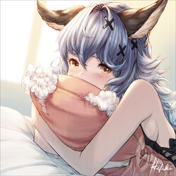  animal_ears backless_outfit bare_legs bare_shoulders black_dress blue_hair blurry blush breasts commentary commission depth_of_field dress earrings erune eyelashes female ferry_(granblue_fantasy) granblue_fantasy hair_between_eyes hair_intakes hair_ornament hoop_earrings hugging_object indoors ivris jewelry long_hair looking_at_viewer lying on_bed on_stomach photoshop_(medium) pillow pillow_hug rabbit_ears sideboob sidelighting single_earring small_breasts solo upper_body wavy_hair x_hair_ornament yellow_eyes 