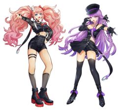  2girls absurdres bare_shoulders black_footwear black_gloves black_headwear black_jacket black_legwear black_shorts blush bow braid breasts chains collarbone commentary danganronpa:_trigger_happy_havoc danganronpa_(series) enoshima_junko full_body gloves hairbow hat highres idol jacket kirigiri_kyoko kneehighs laon long_hair looking_at_viewer medium_breasts multiple_girls oerba_yun_fang open_mouth pink_hair purple_eyes purple_hair red_bow red_footwear see-through shoes shorts simple_background socks standing symbol-only_commentary thighhighs twintails wavy_hair white_background white_bow 