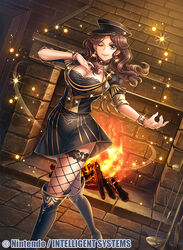  black_footwear black_hat boots bracelet breasts brown_hair cleavage closed_mouth commentary_request company_name copyright_name dorothea_arnault earrings female fire_emblem fire_emblem:_three_houses fire_emblem_cipher fireplace fumi_(butakotai) garreg_mach_monastery_uniform green_eyes hat jewelry knee_boots large_breasts long_hair official_art one_eye_closed photoshop_(medium) short_sleeves smile solo uniform 