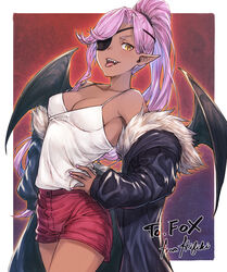  armpit_peek bandages bat_wings black_coat black_wings blue_background border breasts cleavage coat collarbone commentary commission cowboy_shot dark-skinned_female dark_skin dutch_angle eyelashes eyepatch fangs female fingernails fur-trimmed_coat fur_trim gradient_background hair_intakes hand_on_own_hip high_ponytail ivris long_hair long_sleeves looking_at_viewer medium_breasts nail_polish off_shoulder original outside_border photoshop_(medium) pink_hair pink_nails pointy_ears red_background red_shorts short_shorts shorts signature simple_background single_sidelock sleeveless solo spaghetti_strap standing tank_top teeth tongue tongue_out upper_teeth_only v-shaped_eyebrows white_border white_tank_top wings yellow_eyes 