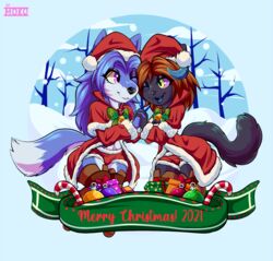  anthro avi_(moko) christmas christmas_clothing clothing duo female female/female gift hand_holding hi_res holidays humanoid moko_(artist) smile snow 