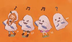  3girls :d ? ^_^ blush_stickers bow brown_hair closed_eyes commentary ghost ghost_costume highres hood hood_up idolmaster idolmaster_million_live! ikumi_(iq3) long_hair multiple_girls musical_note nakatani_iku ogami_tamaki open_mouth orange_background sheet_ghost simple_background sleeves_past_fingers sleeves_past_wrists smile suou_momoko tint_me_(idolmaster) wide_sleeves 