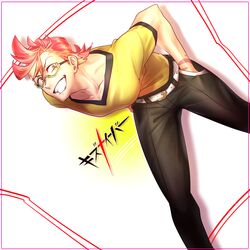  1boy ahoge belt black_pants brown_eyes copyright_name dutch_angle glasses grin hands_in_pockets kiznaiver kyori000 leaning_forward looking_at_viewer male_focus pants pink_hair shirt short_sleeves simple_background smile solo tenga_hajime white_background yellow-framed_eyewear yellow_shirt 