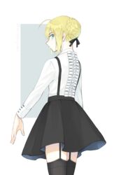  ahoge alternate_costume artoria_pendragon_(fate) black_ribbon black_skirt black_thighhighs blonde_hair braid braided_bun commentary_request cowboy_shot fate/stay_night fate_(series) female from_side green_eyes hair_bun hair_ribbon highres long_sleeves looking_at_viewer looking_back miniskirt profile ribbon saber_(fate) shayubi shirt short_hair single_hair_bun skirt solo standing suspender_skirt suspenders thighhighs white_background white_shirt zettai_ryouiki 