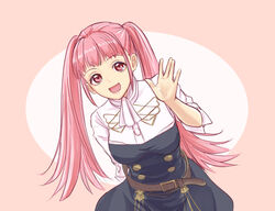  :d ascot belt black_dress breasts brown_belt commentary_request cowboy_shot dress female fire_emblem fire_emblem:_three_houses garreg_mach_monastery_uniform hand_up hilda_valentine_goneril long_hair looking_at_viewer medium_breasts open_mouth pink_background pink_eyes pink_hair shio_robin shirt simple_background smile solo twintails white_ascot white_shirt 