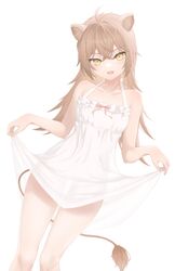  a9_(repainter) absurdres ahoge animal_ears breasts brown_hair commentary dress dutch_angle feet_out_of_frame female highres indie_virtual_youtuber lion_ears lion_girl lion_tail looking_at_viewer open_mouth rurudo_lion rurudo_lion_(1st_costume) see-through_silhouette short_dress simple_background skirt_hold small_breasts solo standing sundress symbol-only_commentary tail virtual_youtuber white_background white_dress yellow_eyes 