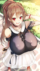  alternate_breast_size alternate_costume bad_id bad_twitter_id bag bare_shoulders black_choker breasts brown_hair choker collarbone earrings female furen_e_lustario furen_e_lustario_(2nd_costume) highres huge_breasts jewelry long_hair looking_at_viewer nijisanji nuezou outdoors ponytail red_eyes round_teeth skirt smile solo teeth virtual_youtuber watch white_skirt 