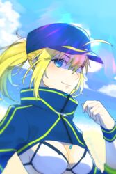  ahoge artoria_pendragon_(fate) baseball_cap bikini blonde_hair blue_eyes blue_hat breasts cleavage closed_mouth commentary_request fate/grand_order fate_(series) female floating_hair hair_between_eyes hat highres long_hair long_sleeves looking_at_viewer medium_breasts mysterious_heroine_xx_(fate) ponytail shayubi shrug_(clothing) smile solo swimsuit upper_body white_bikini wristband 