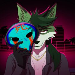  1:1 80&#039;s_theme canid canine canis creepy_smile fenriet fox fur gold_(metal) gold_jewelry green_body green_fur hair hi_res hybrid jewelry kudo_redfox_(character) mammal maniac mask ponytail serial_killer smile solo suit_jacket synthwave wolf 