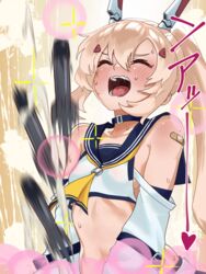  :d ^_^ ayanami_(azur_lane) ayanami_(retrofit)_(azur_lane) ayanami_barrage_(meme) azur_lane bandaid bandaid_on_shoulder bare_shoulders belt blonde_hair blue_choker blue_sailor_collar blush breasts bubble choker closed_eyes commentary_request crop_top detached_sleeves dokutsumamuru female hair_between_eyes headgear highres long_hair long_sleeves looking_up meme navel neckerchief open_mouth pleated_skirt ponytail sailor_collar school_uniform serafuku sexually_suggestive sideboob sidelocks skirt small_breasts smile solo sparkle stomach sweat teeth torpedo translation_request upper_body very_long_hair wavy_mouth wide_sleeves yellow_neckerchief 