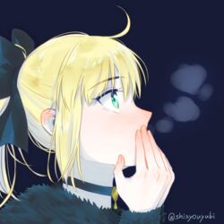  ahoge artoria_pendragon_(fate) black_bow blonde_hair blue_background bow choker commentary_request covering_own_mouth fate/unlimited_codes fate_(series) female from_side green_eyes hairbow hand_over_own_mouth long_sleeves portrait profile saber_lily shayubi short_hair simple_background solo twitter_username 