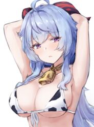  ahoge animal_print armpits arms_behind_head arms_up bad_id bad_pixiv_id bell blue_hair blush breasts cleavage commentary cow_print female ganyu_(genshin_impact) genshin_impact goat_horns highres horns kousi_sirazawa large_breasts long_hair purple_eyes simple_background solo upper_body white_background 