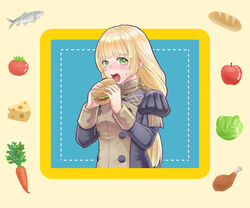  apple black_jacket blonde_hair blunt_bangs blush bread burger carrot cheese chicken_(food) chicken_leg commentary_request female fire_emblem fire_emblem:_three_houses fish food fruit garreg_mach_monastery_uniform green_eyes hands_up holding holding_food ingrid_brandl_galatea jacket juliet_sleeves lettuce long_hair long_sleeves looking_at_viewer open_mouth puffy_sleeves shio_robin solo sweat tomato upper_body yellow_background 