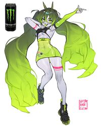  absurdres bare_shoulders can collarbone colored_skin energy_drink female green_eyes hat highres horns knifecat living_hair long_hair looking_at_viewer midriff monster_energy navel original shoes single_thighhigh skirt smile solo thighhighs very_long_hair white_background 