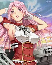  armpit_cutout blush clothing_cutout cloud cloudy_sky female gloves kantai_collection long_hair luigi_di_savoia_duca_degli_abruzzi_(kancolle) machinery nolia pink_eyes pink_hair rigging short_sleeves sky turret white_gloves 