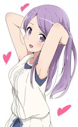  absurdres apron armpits arms_behind_head arms_up blue_shirt blush collarbone dress female hands_in_hair heart highres koisuru_asteroid long_hair looking_at_viewer open_mouth purple_eyes purple_hair riyo_(aokiwazumi) shirt simple_background sleeveless sleeveless_dress sleeveless_shirt smile solo suzuya_moe undershirt white_background white_dress 