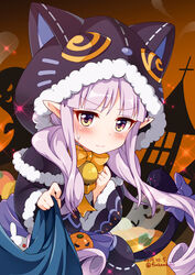  animal_ears animal_hood bad_id bad_pixiv_id bell black_capelet black_dress black_jacket black_skirt blush bow brown_eyes capelet cat_ears cat_girl cat_hood cat_tail closed_mouth commentary dated dress elf fake_animal_ears female fur-trimmed_capelet fur-trimmed_hood fur-trimmed_sleeves fur_trim fuusha ghost hand_up hood hood_up hooded_capelet jack-o&#039;-lantern jacket jingle_bell kyoka_(halloween)_(princess_connect!) kyoka_(princess_connect!) long_hair long_sleeves looking_at_viewer orange_bow pointy_ears princess_connect! purple_bow purple_hair skirt solo sweat tail tail_bow tail_ornament tail_raised twintails twitter_username very_long_hair wide_sleeves 