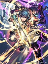  2boys alfonse_(fire_emblem) armor blue_eyes blue_hair commentary_request company_name copyright_name fire_emblem fire_emblem_cipher fire_emblem_heroes folkvangr holding holding_sword holding_weapon kinoshita_kotetsu lif_(fire_emblem) multiple_boys official_art open_mouth red_eyes scale_armor shield short_hair sokkvabekkr sword weapon 