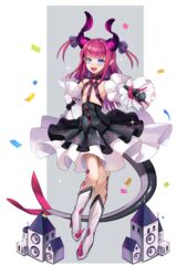  absurdres arm_behind_back asymmetrical_horns blue_eyes blush breasts commentary curled_horns detached_sleeves dragon_horns dragon_tail dress elizabeth_bathory_(fate) elizabeth_bathory_(fate/extra_ccc) elizabeth_bathory_(first_ascension)_(fate) fate/extra fate/extra_ccc fate/grand_order fate_(series) female frills full_body gloves grey_background hair_ribbon highres holding holding_microphone horns laon long_hair long_tail looking_at_viewer microphone open_mouth pink_gloves pink_hair pointy_ears ribbon small_breasts smile solo standing standing_on_one_leg tail two-tone_background two_side_up uneven_horns white_background 