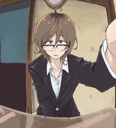  ahoge brown_eyes brown_hair commentary_request dagashi_kashi female glasses highres jacket kotoyama looking_at_viewer medium_hair open_mouth owari_hajime semi-rimless_eyewear skirt solo upper_body 